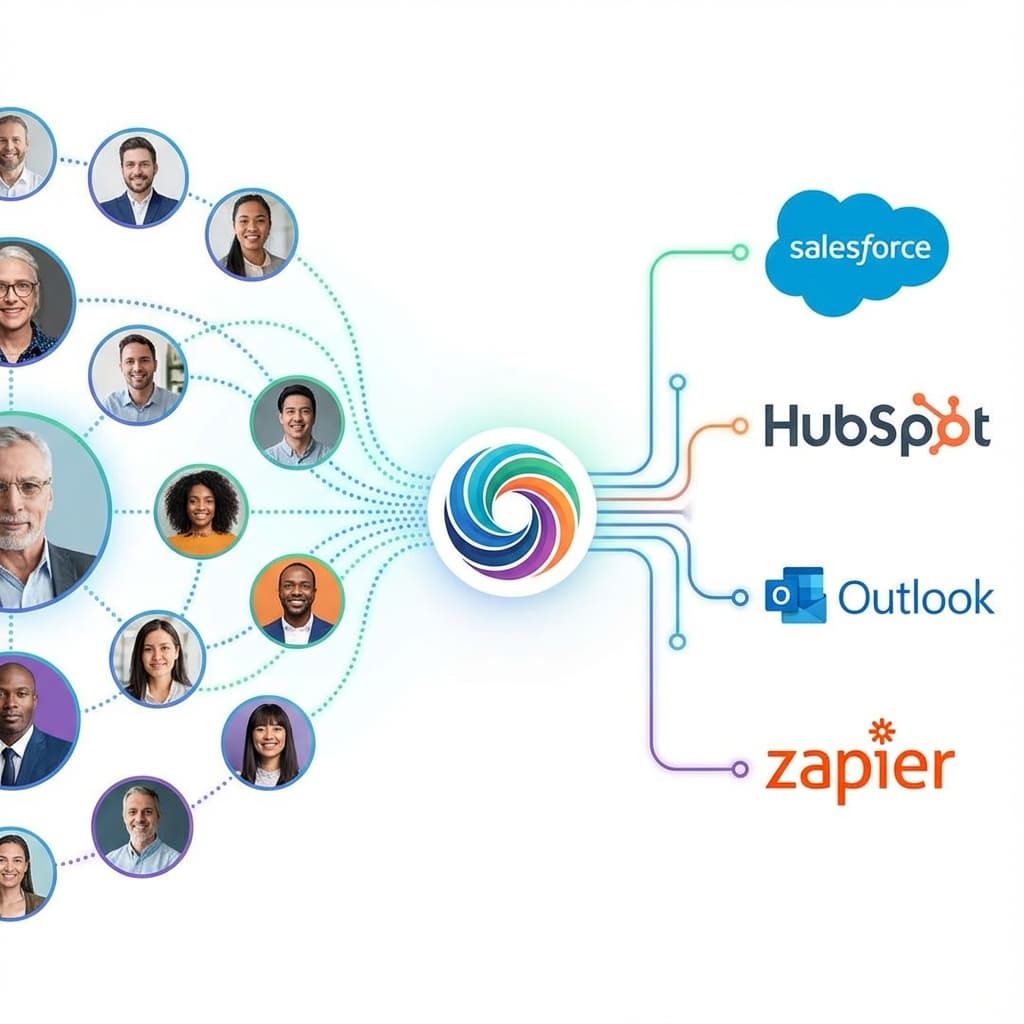 Data flow diagram from user leads to central hub to CRM icons