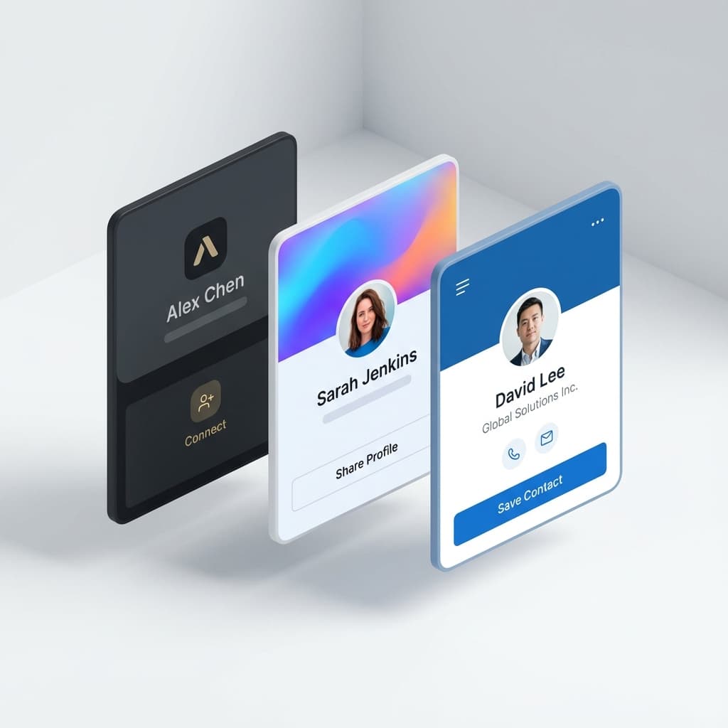 Three digital business card templates showing different styles